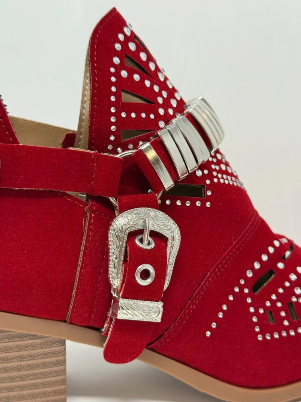 Red Rhinestone Western Ankle Boots Studded Cutout Buckle Booties Size 8 EU 39 - Picture 8 of 16